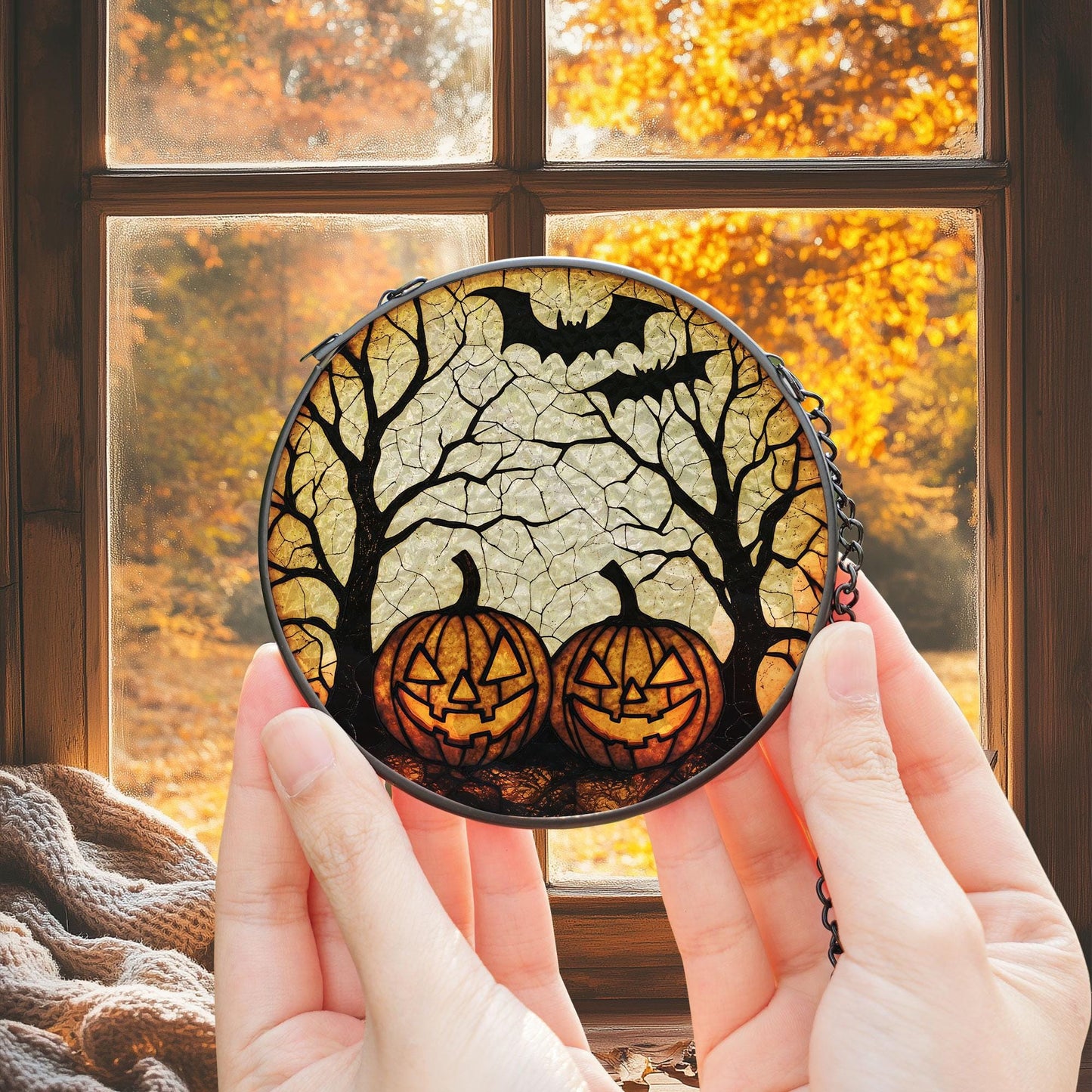 Halloween Jack-O’-Lantern Pumpkin Stained Glass – Spooky Tree & Bat Window Hanging, Gothic Fall Suncatcher for Haunted House or Autumn Decor