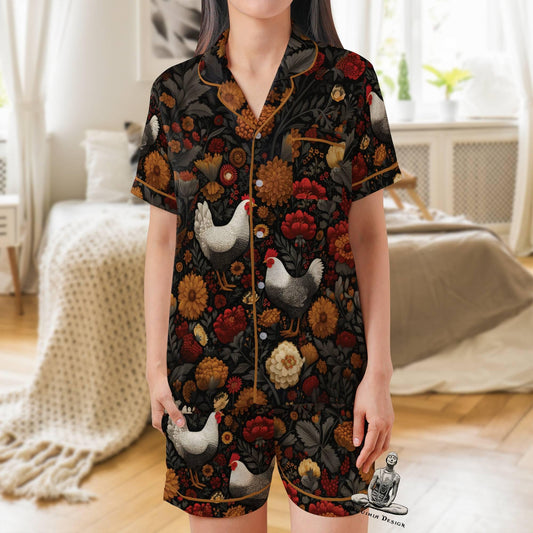 Chicken Short Sleeves Pajama Set, Farm Animal Lover Woman's Satin Pajama Reader Gift Pajamas Short Sleeve Shorts