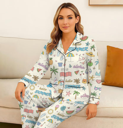 Hello Summer Pajamas Set, Aloha Summer Sleepwear, Beach Pattern Homewear, Marine Life Pjs, Funny Vacation Gift
