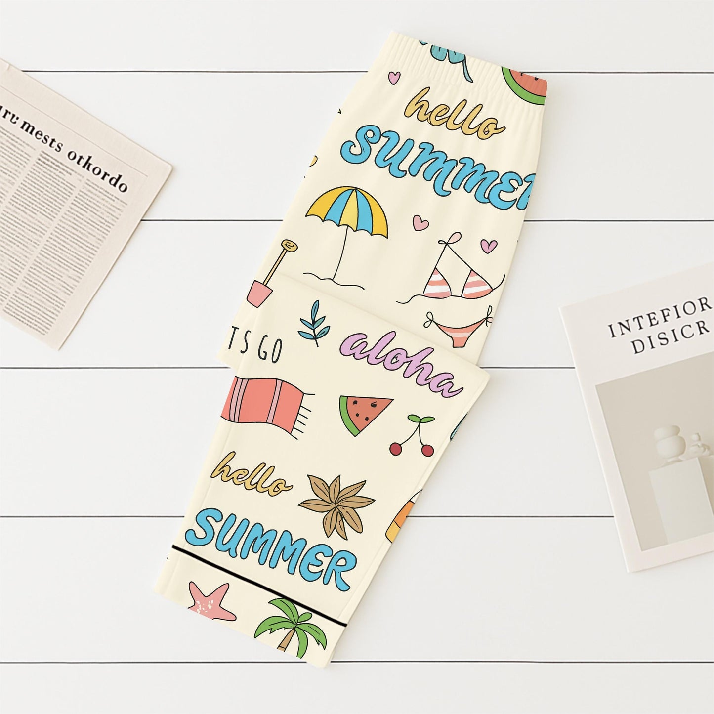 Hello Summer Pajamas Set, Aloha Summer Sleepwear, Beach Pattern Homewear, Marine Life Pjs, Funny Vacation Gift