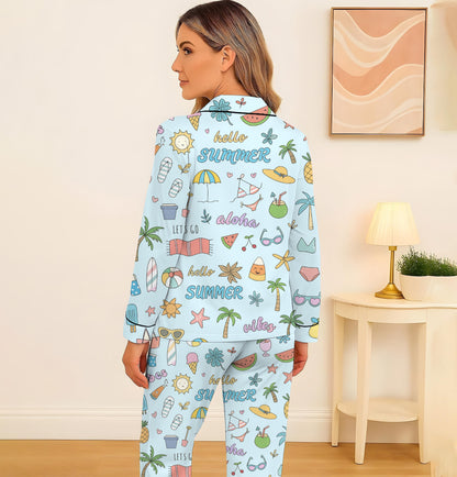 Hello Summer Pajamas Set, Aloha Summer Sleepwear, Beach Pattern Homewear, Marine Life Pjs, Funny Vacation Gift
