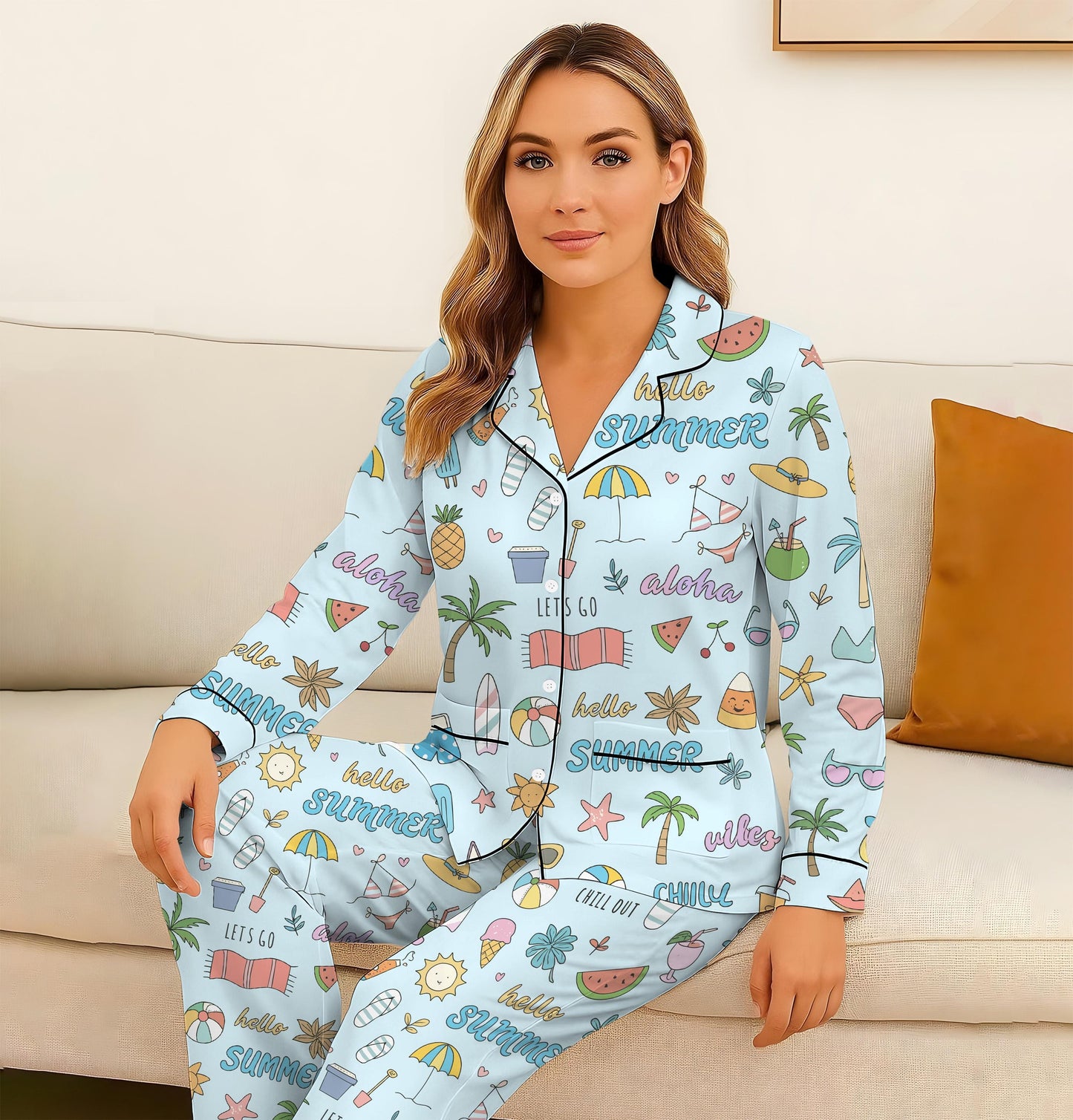 Hello Summer Pajamas Set, Aloha Summer Sleepwear, Beach Pattern Homewear, Marine Life Pjs, Funny Vacation Gift