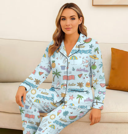 Hello Summer Pajamas Set, Aloha Summer Sleepwear, Beach Pattern Homewear, Marine Life Pjs, Funny Vacation Gift