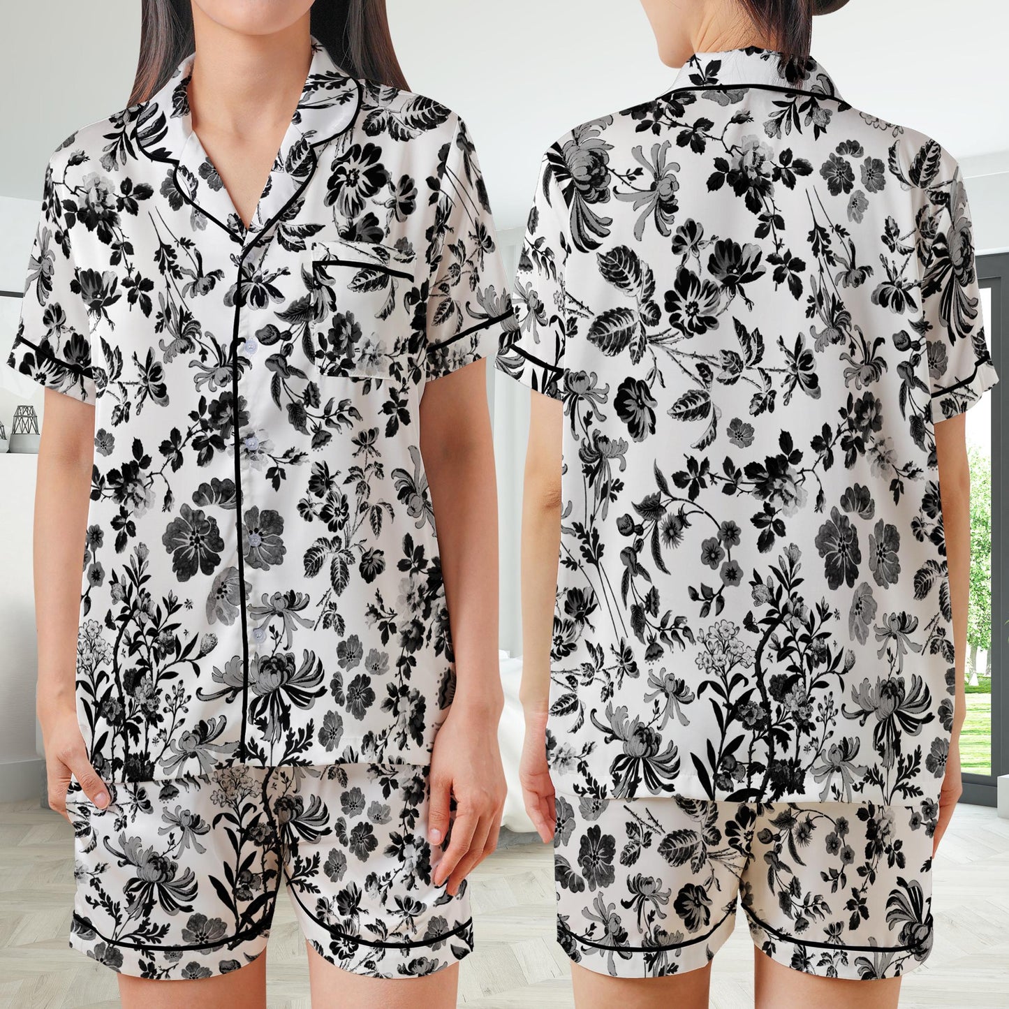 Blue Chinoiserie Floral Pajamas Set, Cute Pajama Sleepwear Short Long Sleeve Pajama Set, Flower Home Wear, Toile de Jouy Girl Sleepwear Set