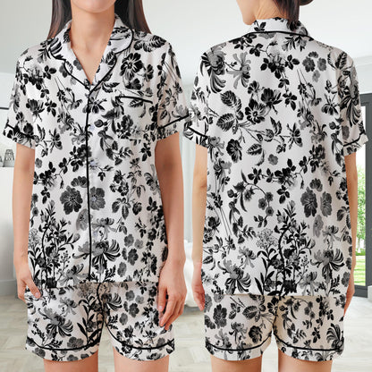 Blue Chinoiserie Floral Pajamas Set, Cute Pajama Sleepwear Short Long Sleeve Pajama Set, Flower Home Wear, Toile de Jouy Girl Sleepwear Set