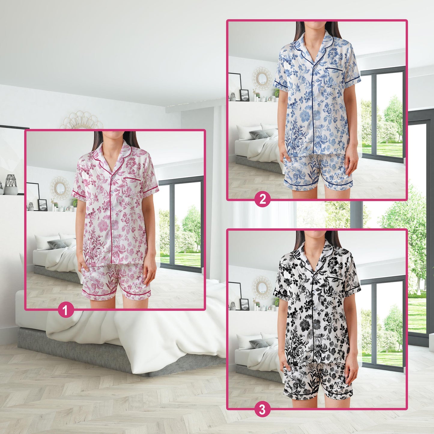 Blue Chinoiserie Floral Pajamas Set, Cute Pajama Sleepwear Short Long Sleeve Pajama Set, Flower Home Wear, Toile de Jouy Girl Sleepwear Set