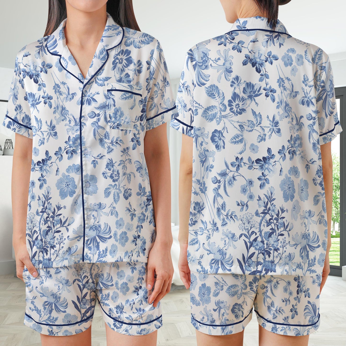 Blue Chinoiserie Floral Pajamas Set, Cute Pajama Sleepwear Short Long Sleeve Pajama Set, Flower Home Wear, Toile de Jouy Girl Sleepwear Set