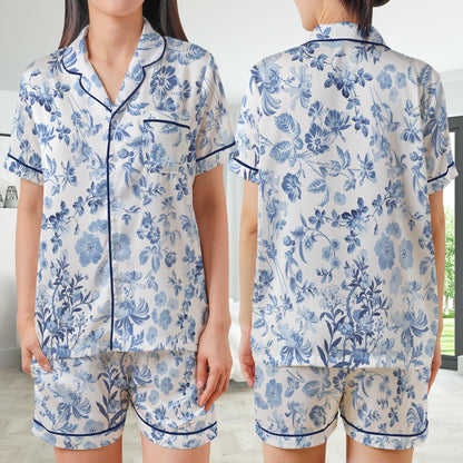 Blue Chinoiserie Floral Pajamas Set, Cute Pajama Sleepwear Short Long Sleeve Pajama Set, Flower Home Wear, Toile de Jouy Girl Sleepwear Set