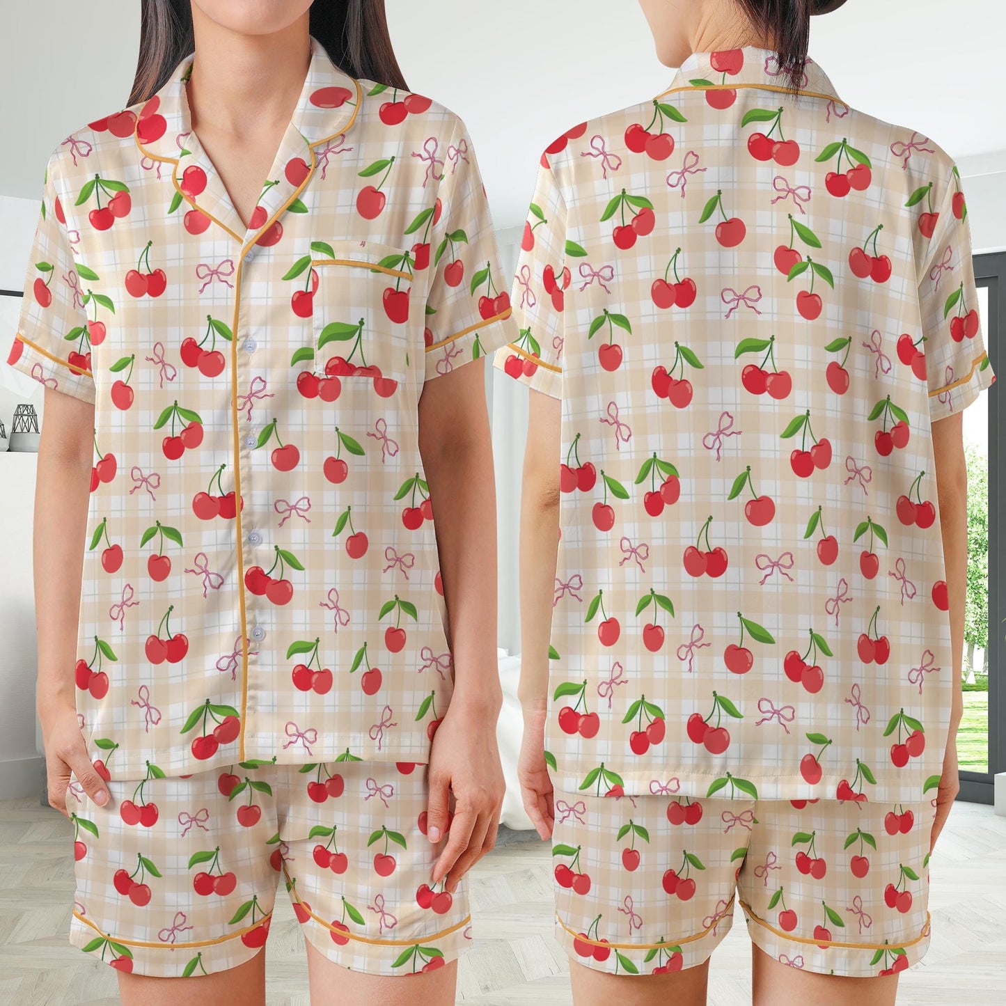 Coquette Cherry Pajamas Set, Cute Pajama Sleepwear Short Long Sleeve Pajama Set, Retro Checkered Home Wear, Girl Sleepwear Set