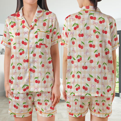 Coquette Cherry Pajamas Set, Cute Pajama Sleepwear Short Long Sleeve Pajama Set, Retro Checkered Home Wear, Girl Sleepwear Set
