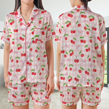 Coquette Cherry Pajamas Set, Cute Pajama Sleepwear Short Long Sleeve Pajama Set, Retro Checkered Home Wear, Girl Sleepwear Set