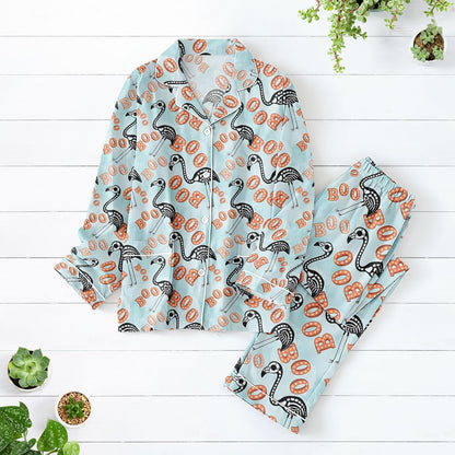 Flamingo Skeleton Pajamas Set, Funny Halloween Sleepwear For Women, Spooky Bird Print Matching Pajamas Family, Cute Flamingo Boo Pajama