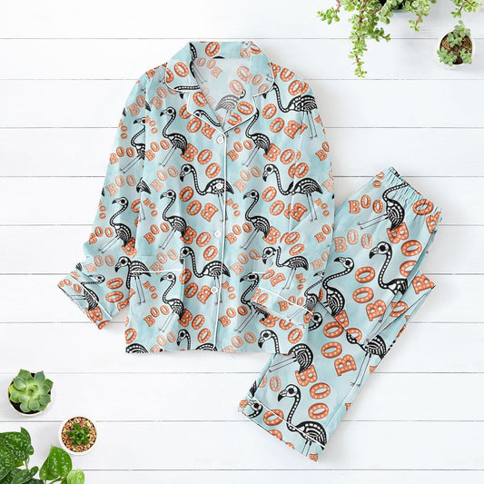 Flamingo Skeleton Pajamas Set, Funny Halloween Sleepwear For Women, Spooky Bird Print Matching Pajamas Family, Cute Flamingo Boo Pajama