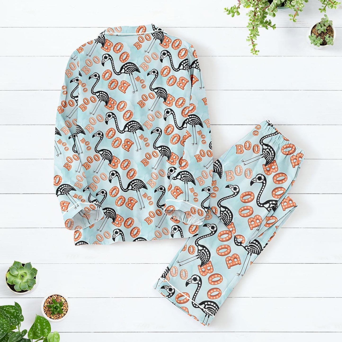 Flamingo Skeleton Pajamas Set, Funny Halloween Sleepwear For Women, Spooky Bird Print Matching Pajamas Family, Cute Flamingo Boo Pajama