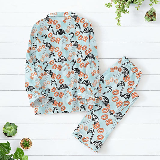 Flamingo Skeleton Pajamas Set, Funny Halloween Sleepwear For Women, Spooky Bird Print Matching Pajamas Family, Cute Flamingo Boo Pajama