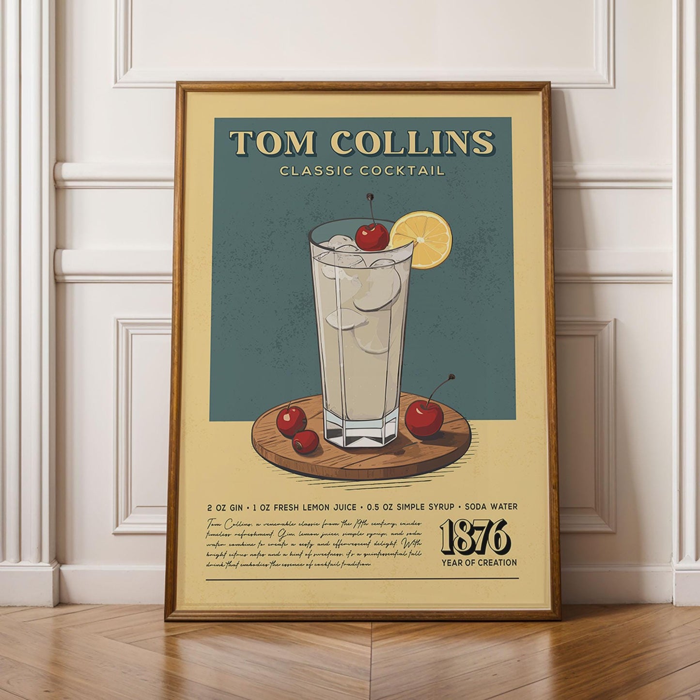 Tom Collins Cocktail Print, Tom Collins Cocktail Poster | Bar Cart Prints | Vintage Alcohol Poster for Home Bar Cart Cart