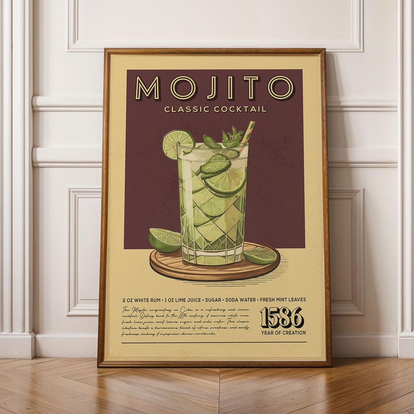 Mojito Cocktail Print, Mojito Cocktail Poster, Bar Wall Art, Classic Bar Cart Art Prints, Retro Cocktail Print, Bar Cart Accessories