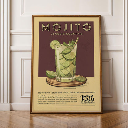 Mojito Cocktail Print, Mojito Cocktail Poster, Bar Wall Art, Classic Bar Cart Art Prints, Retro Cocktail Print, Bar Cart Accessories