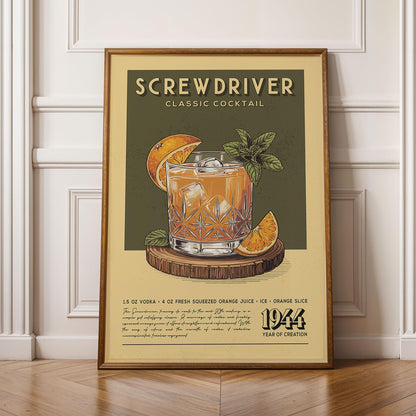 Screwdriver Cocktail Print, Screwdriver Cocktail Poster | Bar Cart Prints | Vintage Cocktail Art Bar Accessories for Home Bar Cart