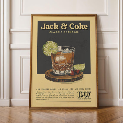 Jack and Coke Cocktail Print, Jack and Coke Cocktail Poster | Bar Cart Prints | Vintage Cocktail Art Bar Accessories for Home Bar Cart