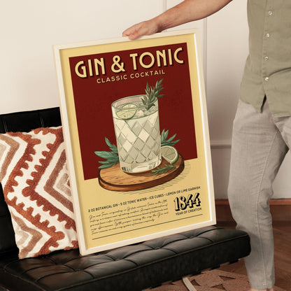 Gin and Tonic Cocktail Print, Gin and Tonic Cocktail Poster, Bar Wall Art, Bar Cart Art Prints, Retro Cocktail Print, Bar Cart Accessories