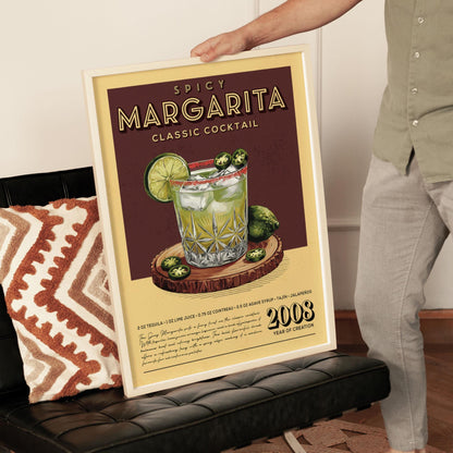 Spicy Margarita Cocktail Print, Spicy Margarita Cocktail Poster | Bar Cart Prints | Vintage Cocktail Art Bar Accessories for Home Bar Cart