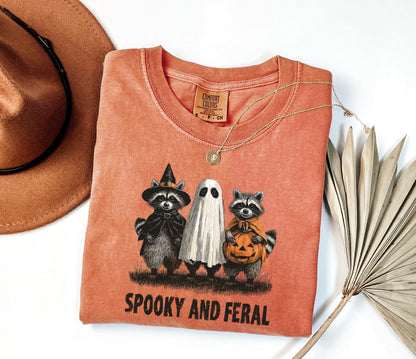 Comfort Colors® Spooky and Feral Raccoon Shirt, Halloween Shirt, Funny Halloween Gifts, Creepy Cute Raccoon Shirt, Raccoon Halloween Shirt