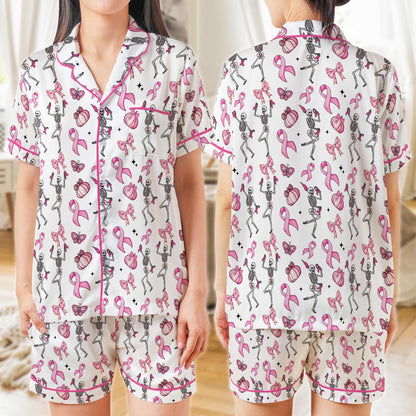 Pink Ribbon Skeleton Pajama Set, Breast Cancer Awareness Halloween Pajamas, Coquette Pumpkin Sleepwear, In October We Wear Pink Pajamas Set