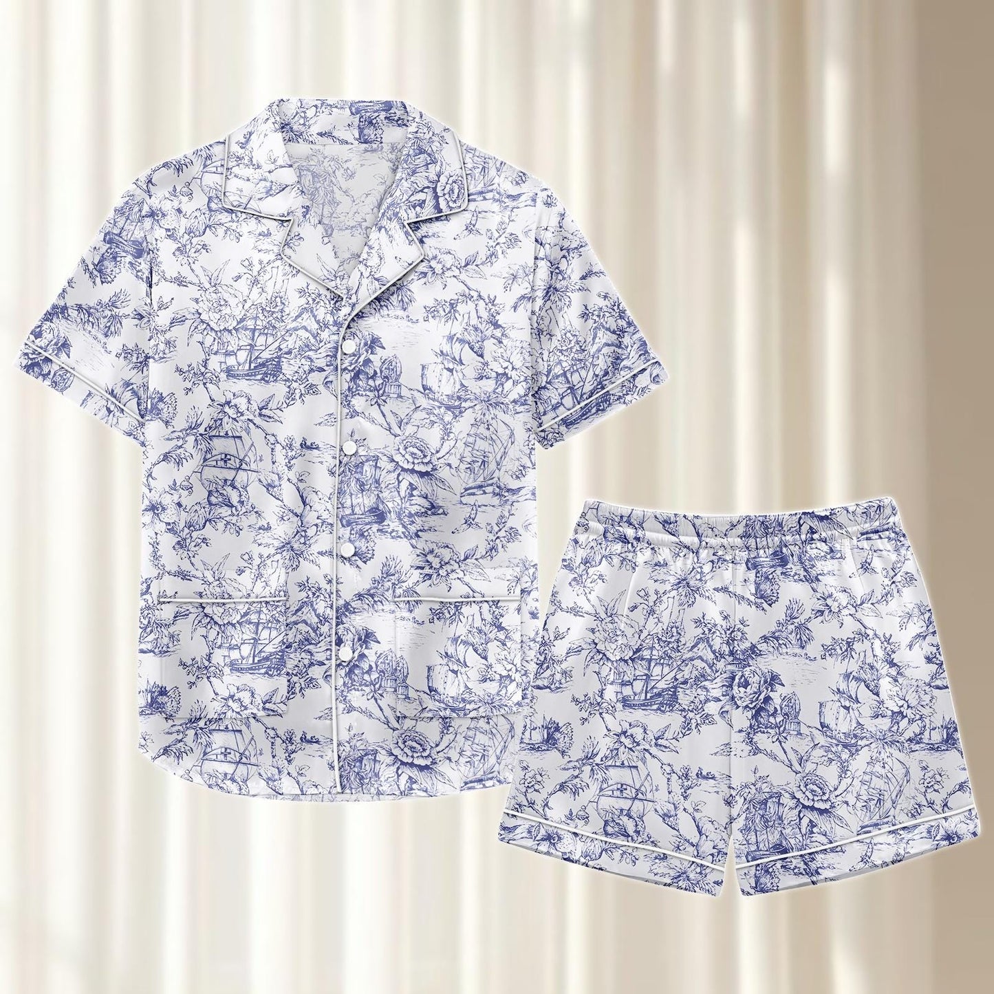 Toile De Jouy Satin Pajamas Short Set, Vintage Botanical Silk Sleepwear, Retro Summer Pjs, Elegant Matching Pajamas, Gift For Her