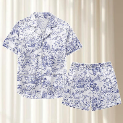 Toile De Jouy Satin Pajamas Short Set, Vintage Botanical Silk Sleepwear, Retro Summer Pjs, Elegant Matching Pajamas, Gift For Her