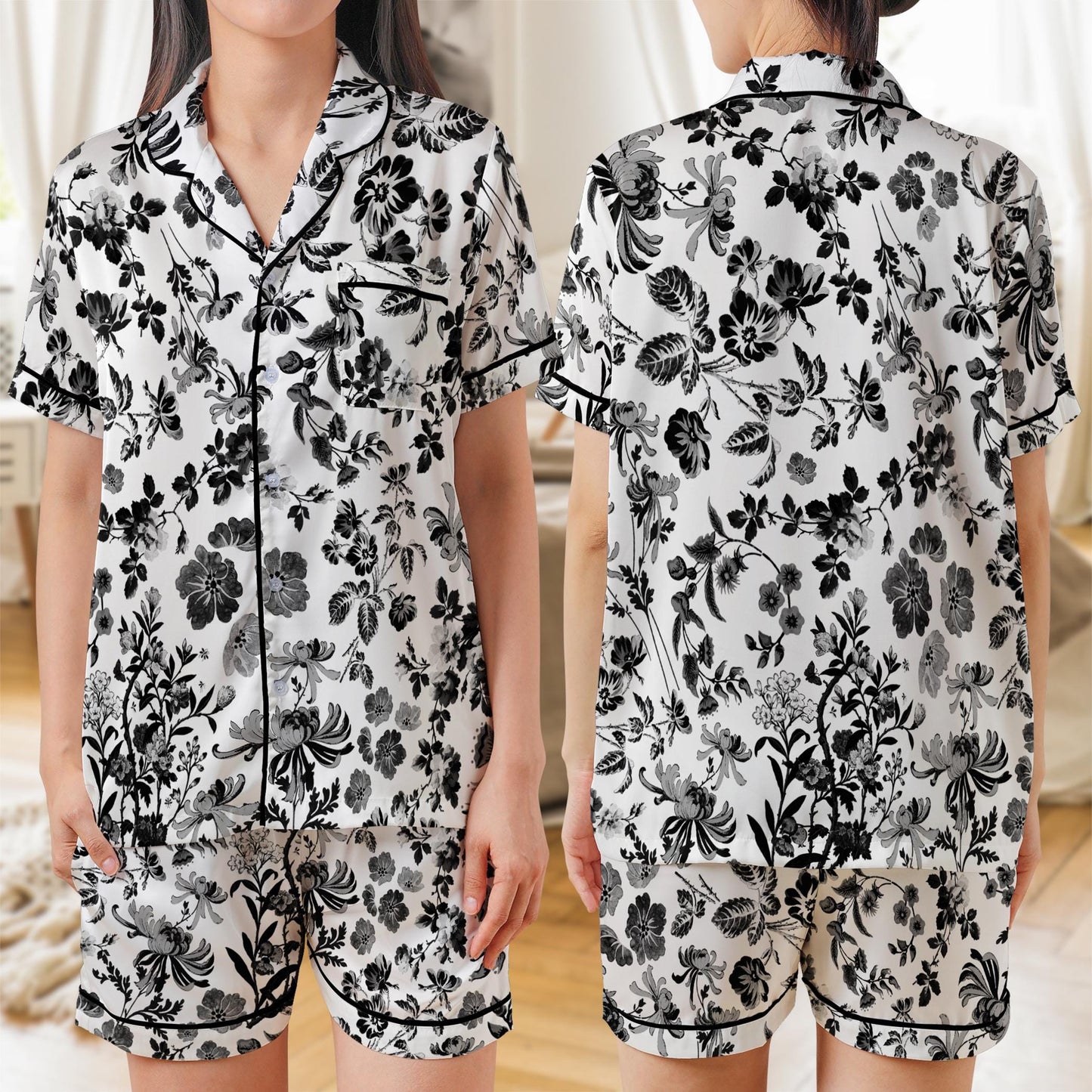 Chinoiserie Floral Satin Pajama Set, Toile de Jouy Pajama Set for Women, Short Sleeve or Long Sleeve Pajamas, Cute Summer Sleepwear Gift