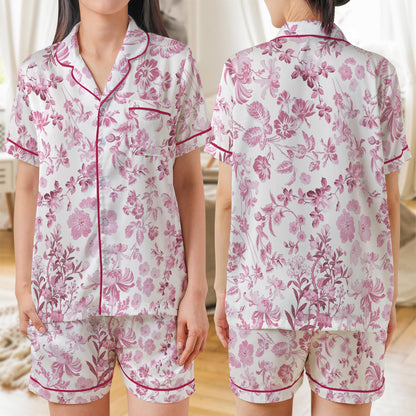 Chinoiserie Floral Satin Pajama Set, Toile de Jouy Pajama Set for Women, Short Sleeve or Long Sleeve Pajamas, Cute Summer Sleepwear Gift
