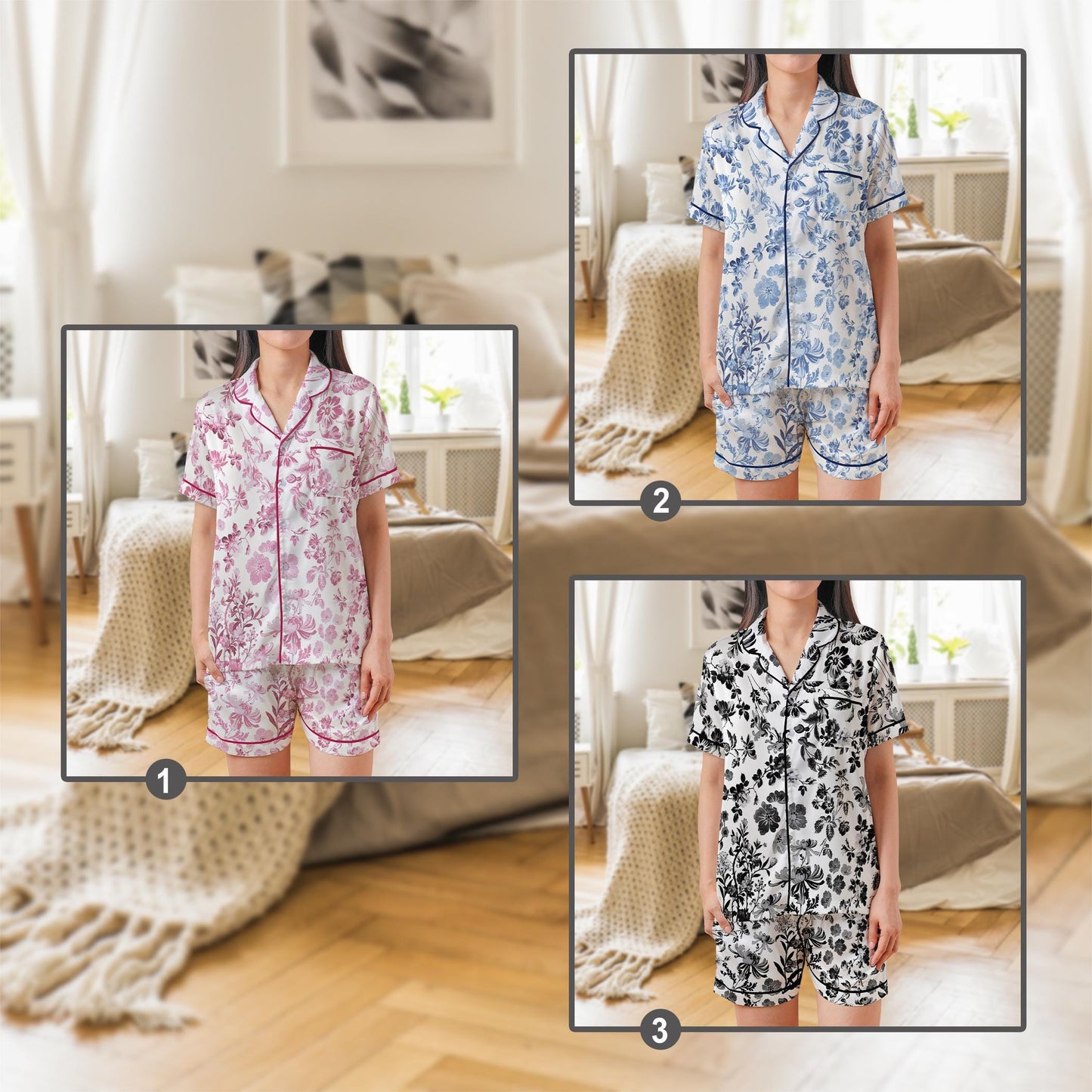 Chinoiserie Floral Satin Pajama Set, Toile de Jouy Pajama Set for Women, Short Sleeve or Long Sleeve Pajamas, Cute Summer Sleepwear Gift