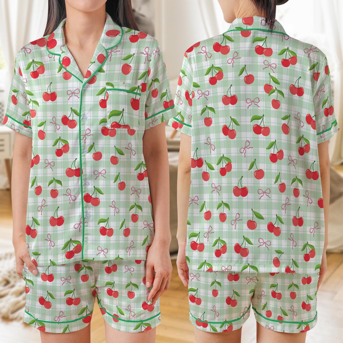 Coquette Cherry Pajama Set, Retro Checkered Sleepwear, Cute Short or Long Sleeve Pajamas for Women, Girly Aesthetic Loungewear, Gift for Her