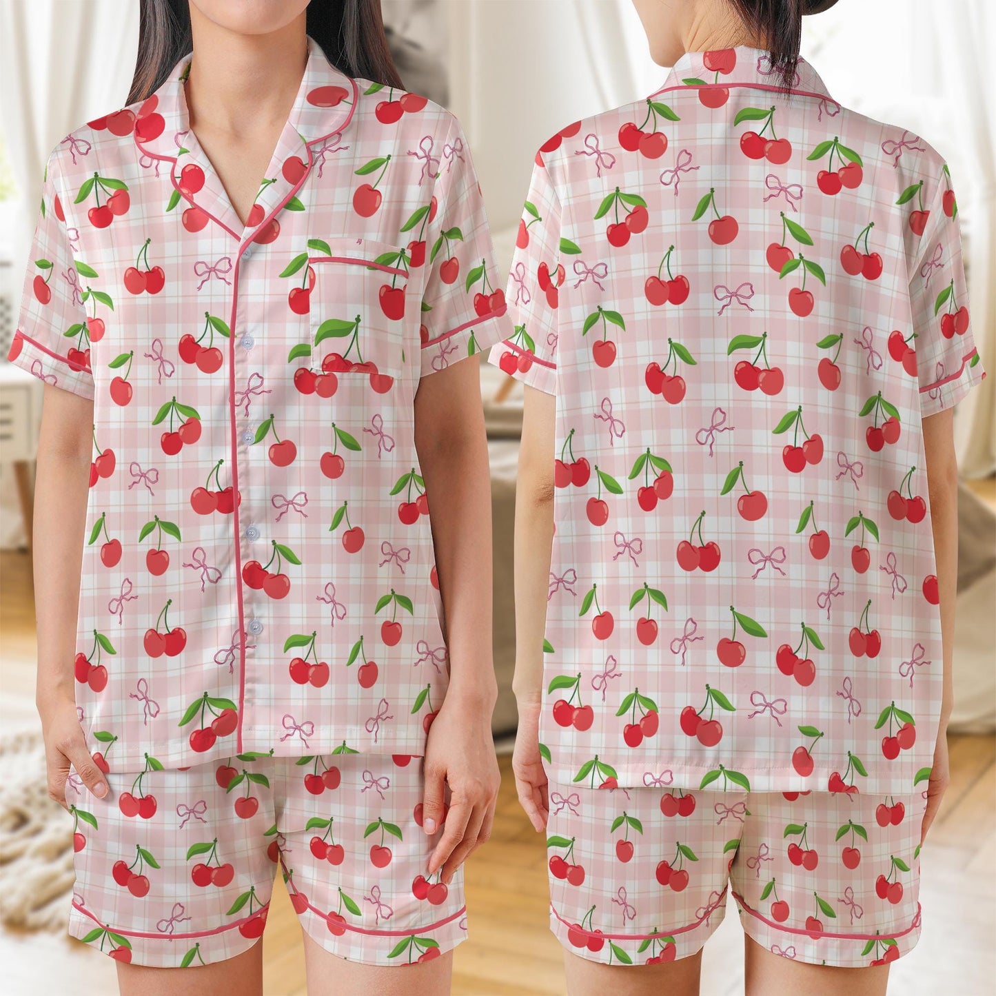 Coquette Cherry Pajama Set, Retro Checkered Sleepwear, Cute Short or Long Sleeve Pajamas for Women, Girly Aesthetic Loungewear, Gift for Her