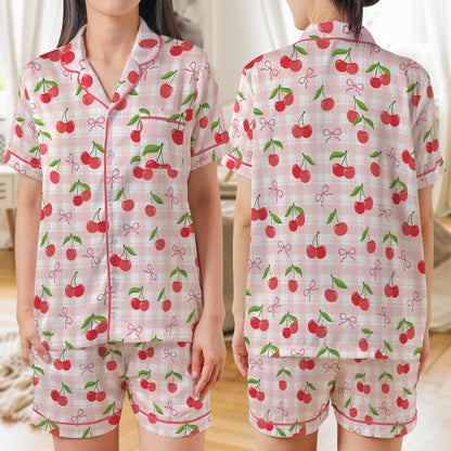 Coquette Cherry Pajama Set, Retro Checkered Sleepwear, Cute Short or Long Sleeve Pajamas for Women, Girly Aesthetic Loungewear, Gift for Her