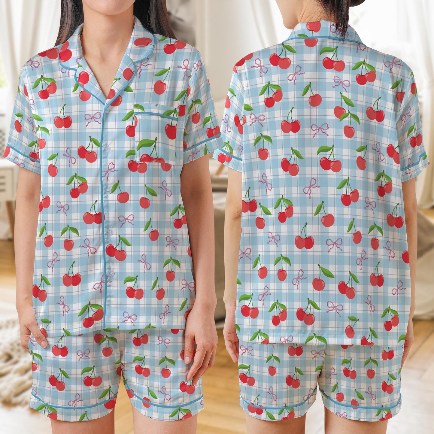 Coquette Cherry Pajama Set, Retro Checkered Sleepwear, Cute Short or Long Sleeve Pajamas for Women, Girly Aesthetic Loungewear, Gift for Her