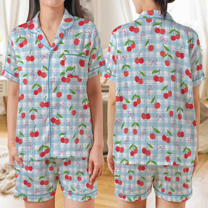 Coquette Cherry Pajama Set, Retro Checkered Sleepwear, Cute Short or Long Sleeve Pajamas for Women, Girly Aesthetic Loungewear, Gift for Her