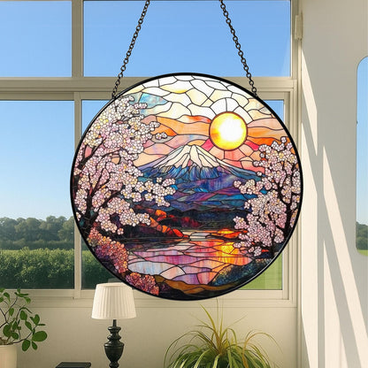 Cherry Blossom Stained Glass Suncatcher, Cherry Blossom and Mountain Window Hanging Decor, Sakura Flower Glass, Cherry Blossom Lover Gift