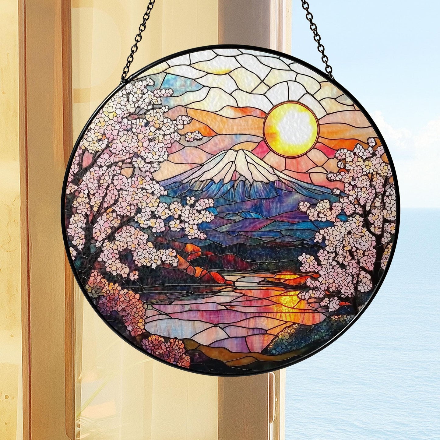 Cherry Blossom Stained Glass Suncatcher, Cherry Blossom and Mountain Window Hanging Decor, Sakura Flower Glass, Cherry Blossom Lover Gift
