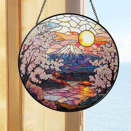 Cherry Blossom Stained Glass Suncatcher, Cherry Blossom and Mountain Window Hanging Decor, Sakura Flower Glass, Cherry Blossom Lover Gift