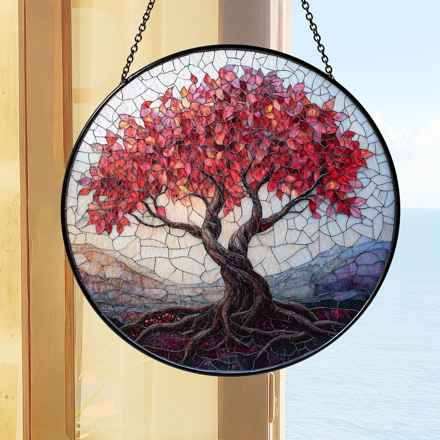 Stained Glass Tree of Life Window Hanging, Red Tree Suncatcher for Fall Decor, Boho Sunlight Catcher Art, Nature Gift for Home or Garden