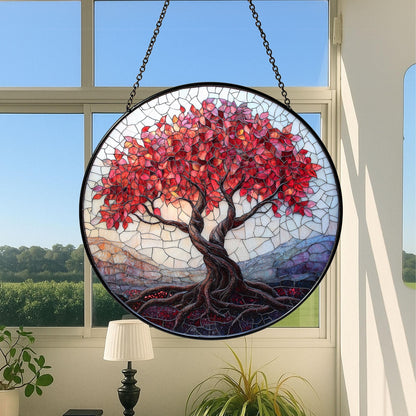 Stained Glass Tree of Life Window Hanging, Red Tree Suncatcher for Fall Decor, Boho Sunlight Catcher Art, Nature Gift for Home or Garden