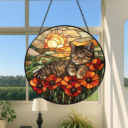 Cat Stained Glass Suncatcher, Gift For Mom, Poppies Flower Suncatcher, Tabby Cat Hanging Window, Cat Lover Gift, Flowers Field Suncatcher