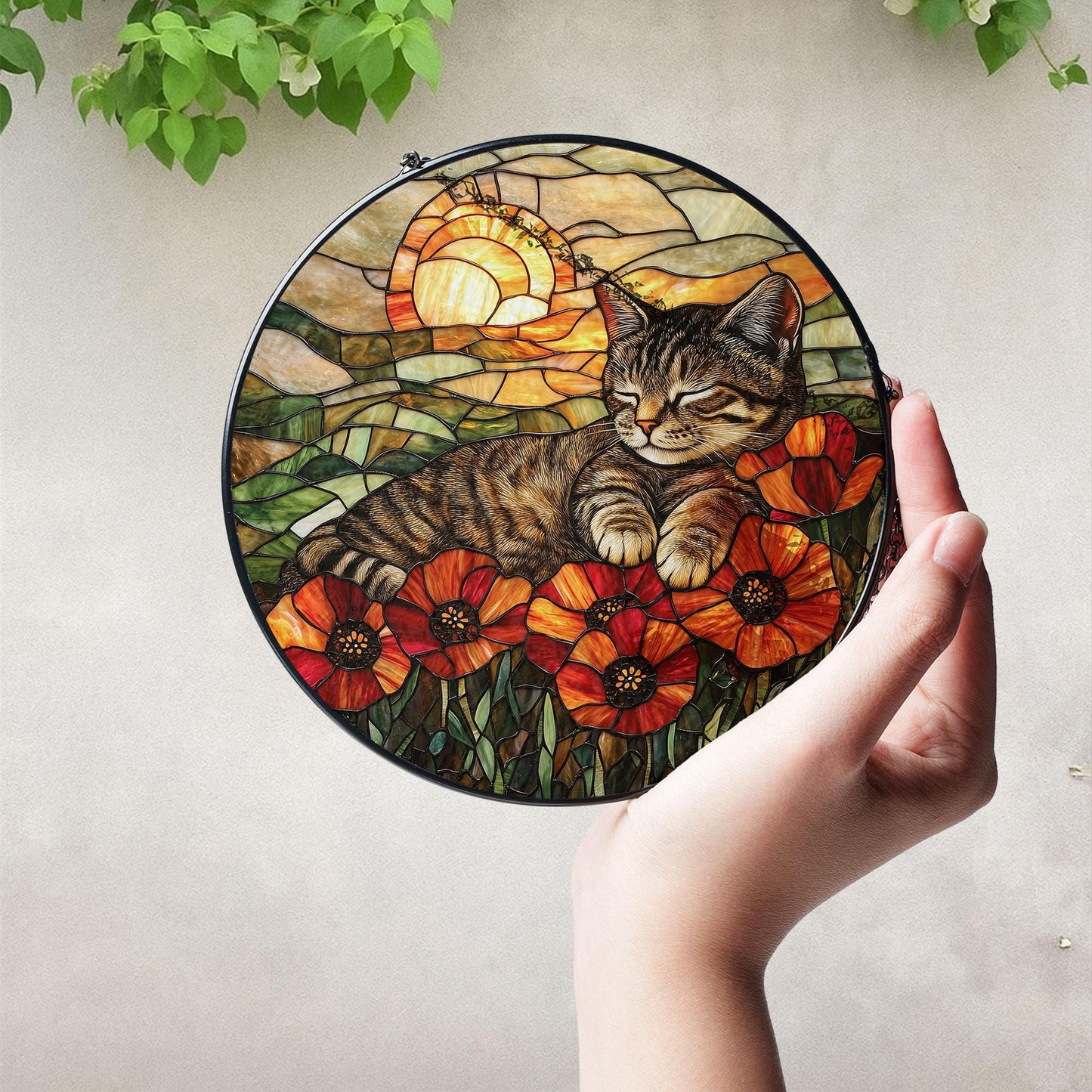 Cat Stained Glass Suncatcher, Gift For Mom, Poppies Flower Suncatcher, Tabby Cat Hanging Window, Cat Lover Gift, Flowers Field Suncatcher