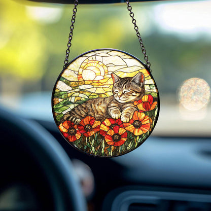 Cat Stained Glass Suncatcher, Gift For Mom, Poppies Flower Suncatcher, Tabby Cat Hanging Window, Cat Lover Gift, Flowers Field Suncatcher