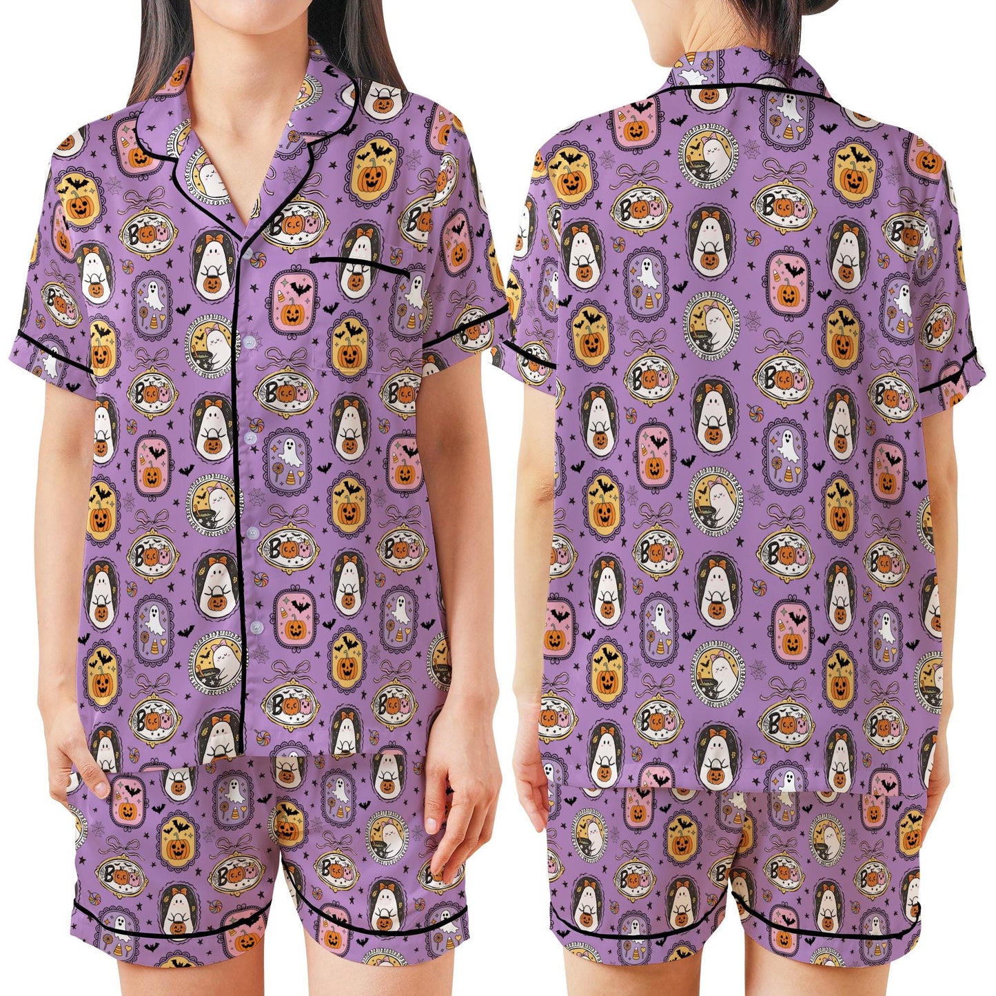 Coquette Girly Halloween Satin Pajamas Set, Spooky Season Short Long Sleeve Pajama Set, Boo Ghost Sleepwear, Cute Halloween Pajamas Set