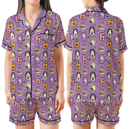 Coquette Girly Halloween Satin Pajamas Set, Spooky Season Short Long Sleeve Pajama Set, Boo Ghost Sleepwear, Cute Halloween Pajamas Set