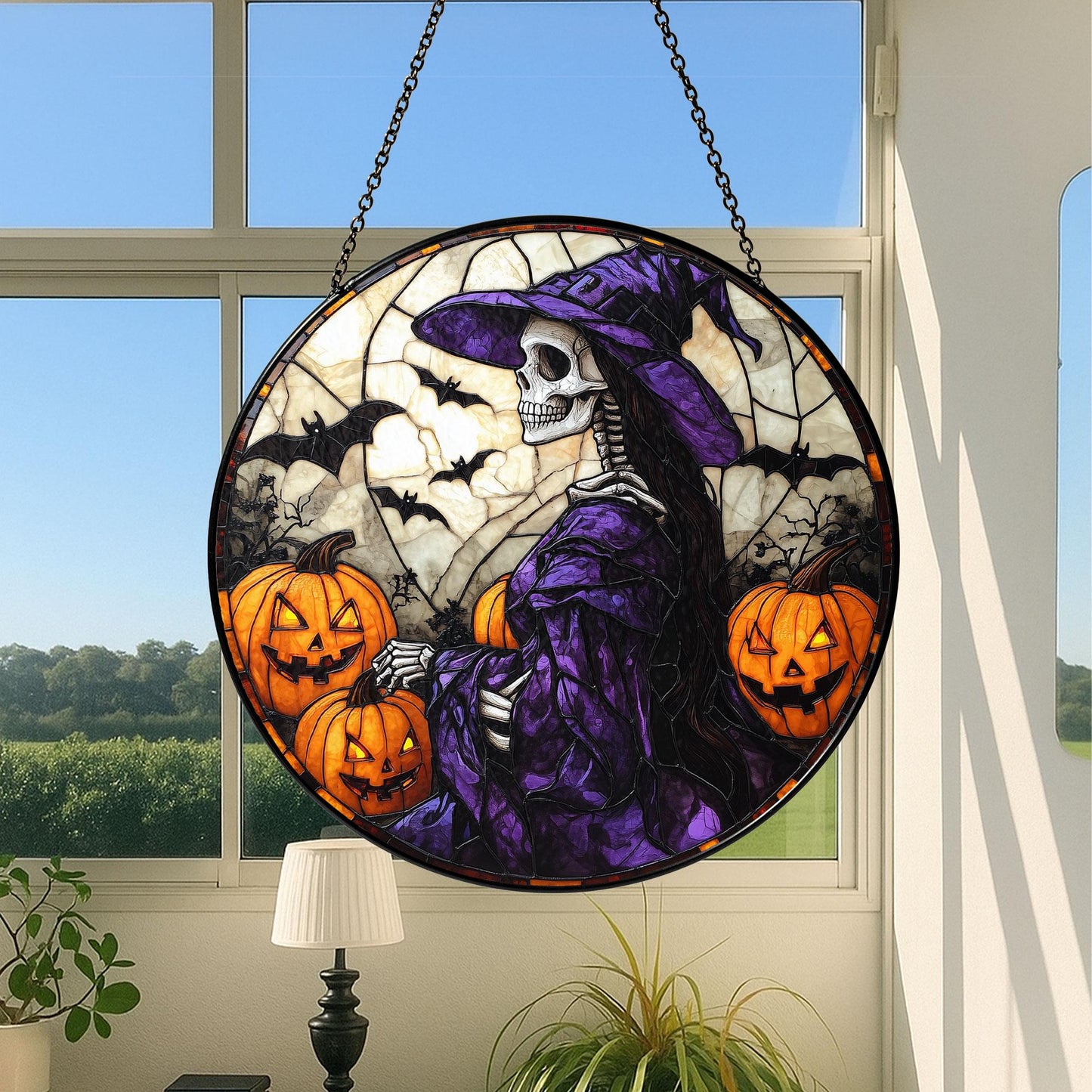 Witch Skeleton Halloween Suncatcher, Gothic Purple Witch with Pumpkins and Bats – Creepy Window Decor for Haunted House, Fall Gothic Home