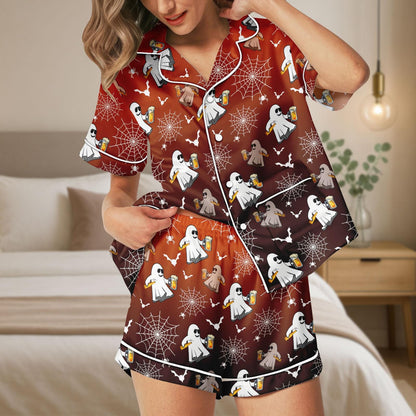 Beer Ghost Satin Pajamas, Funny Halloween Pajamas, Spooky Party Sleepwear, Cute Ghost Loungewear, Fall Gift Set, Halloween Gift For Her